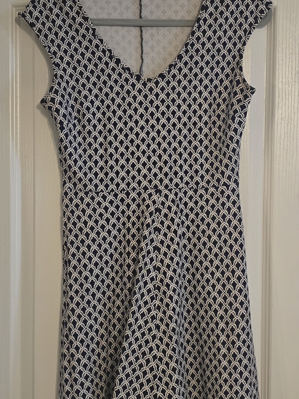New York & Company Navy and White Geometric Fit-and-Flare Dress